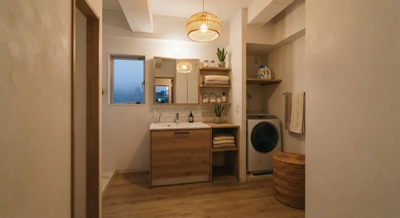 築古マンション(コンパクト)の洗面脱衣室を北欧ナチュラルに。白タイルと木目の洗面台や収納が主役。
