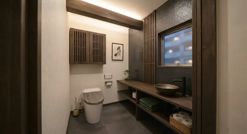 築古マンション(コンパクト)のトイレを和モダンに。濃茶の木目カウンターが主役。