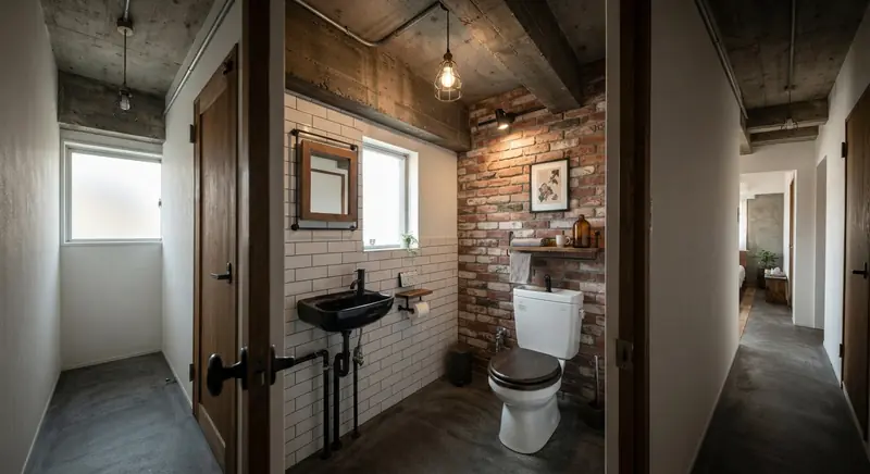 築古マンション(コンパクト)のトイレをインダストリアルに。黒い水栓とアイアンの棚が主役。