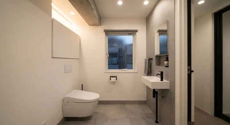 築古マンション(コンパクト)のトイレをシンプルモダンに。白いフラットな洗面台が主役。