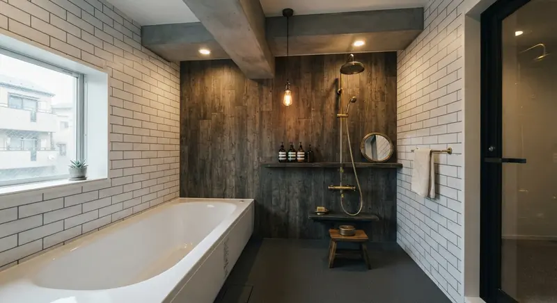 築古マンション(コンパクト)の浴室をヴィンテージ・カフェ風に。白いサブウェイタイル風の壁パネルが主役。
