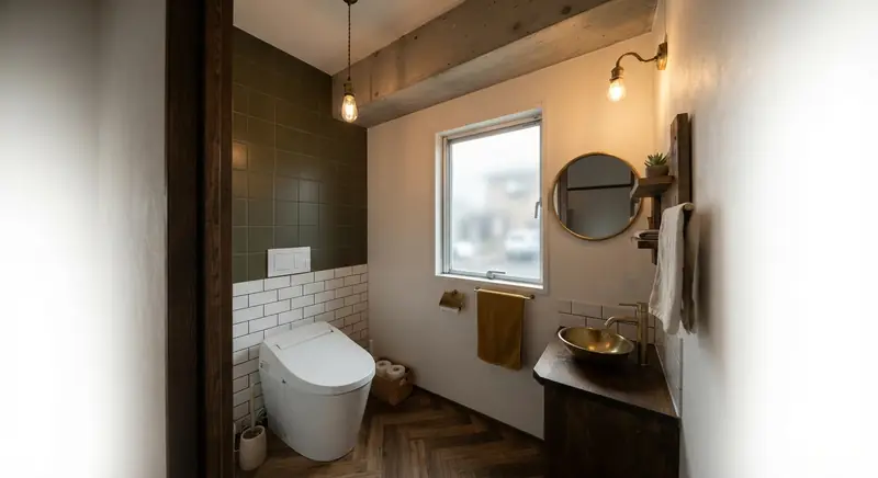 築古マンション(コンパクト)のトイレをヴィンテージ・カフェ風に。真鍮の水栓が主役。