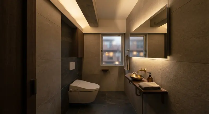 築古マンション(コンパクト)のトイレをホテルライクに。石目調の大判タイルが主役。