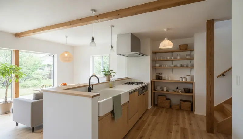 戸建て(広め)のキッチンを北欧ナチュラルに。オーク無垢フローリングが主役。