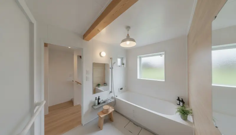戸建て(広め)の浴室を北欧ナチュラルに。白い樹脂パネルの壁に木目調のアクセントパネルを一面が主役。