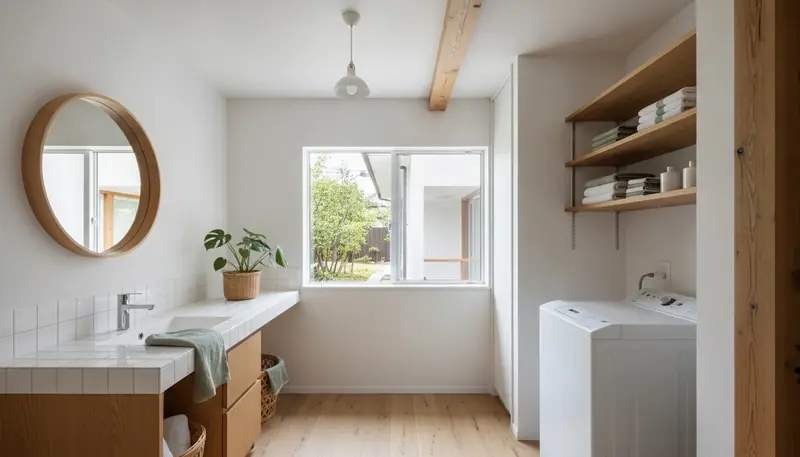 戸建て(広め)の洗面脱衣室を北欧ナチュラルに。白タイルと木目の洗面台や収納が主役。