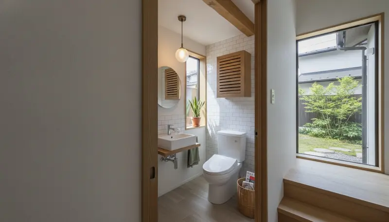 戸建て(広め)のトイレを北欧ナチュラルに。白タイルと木目の洗面台や収納が主役。