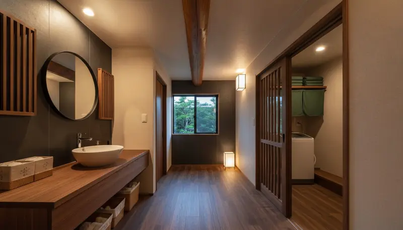 戸建て(広め)の洗面脱衣室を和モダンに。濃茶の木目カウンターが主役。