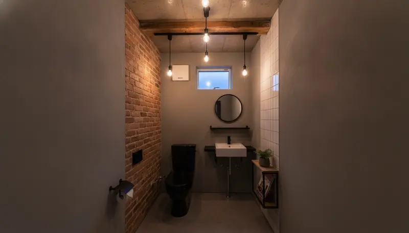 戸建て(広め)のトイレをインダストリアルに。黒い水栓とアイアンの棚が主役。