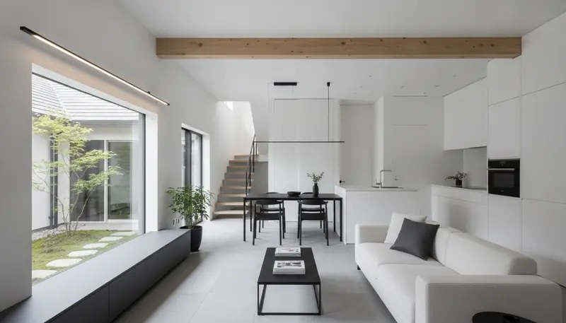 戸建て(広め)のLDKをシンプルモダンに。白基調の壁が主役。