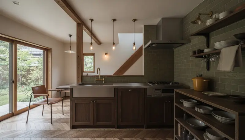 戸建て(広め)のキッチンをヴィンテージ・カフェ風に。ヘリンボーンやラフな木の床が主役。