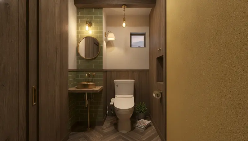 戸建て(広め)のトイレをヴィンテージ・カフェ風に。真鍮の水栓が主役。