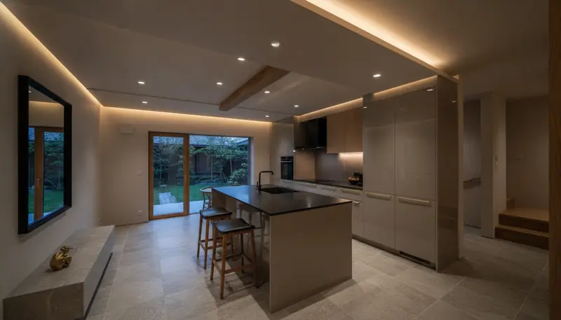戸建て(広め)のキッチンをホテルライクに。大判の石目タイルが主役。
