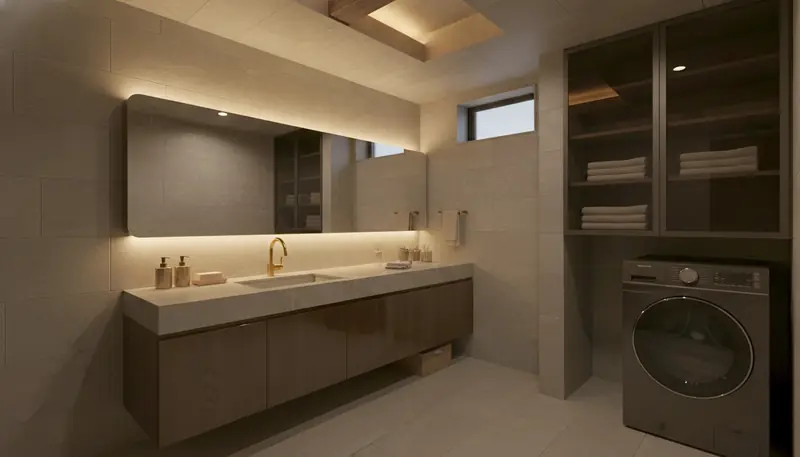 戸建て(広め)の洗面脱衣室をホテルライクに。石目調の大判タイルが主役。