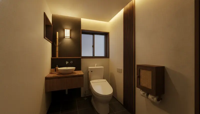 賃貸・コスト重視のトイレを和モダンに。濃茶の木目カウンターが主役。