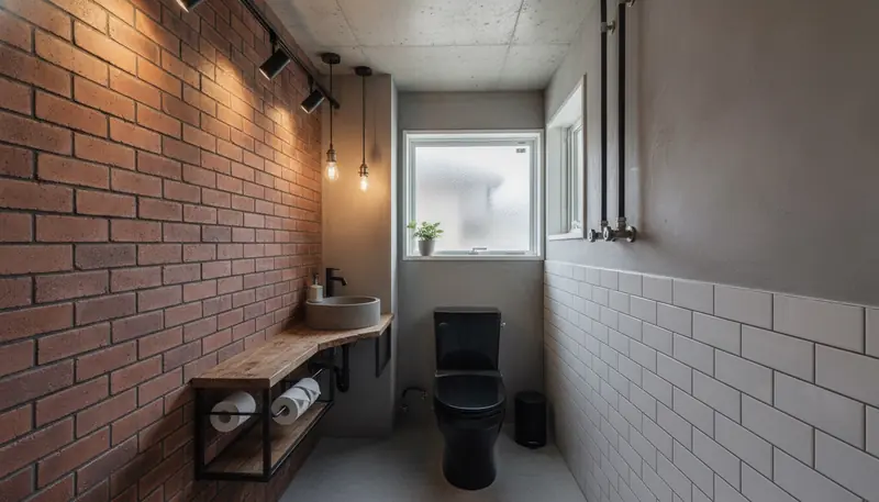 賃貸・コスト重視のトイレをインダストリアルに。黒い水栓とアイアンの棚が主役。