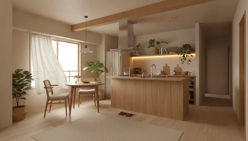 築古マンション(コンパクト)のキッチンを癒しに。淡い木の床が主役。