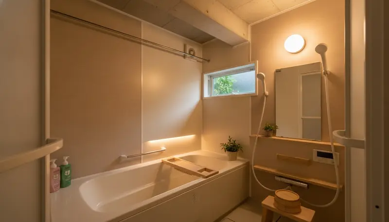築古マンション(コンパクト)の浴室を癒しに。木目調のパネル一面が主役。