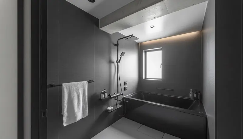 築古マンション(コンパクト)の浴室をスタイリッシュに。黒とグレーのパネルが主役。