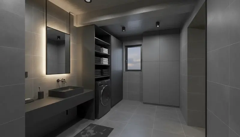 築古マンション(コンパクト)の洗面脱衣室をスタイリッシュに。黒い水栓が主役。