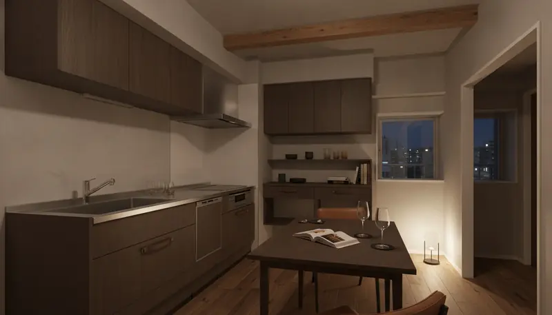 築古マンション(コンパクト)のキッチンを大人に。濃い木目が主役。