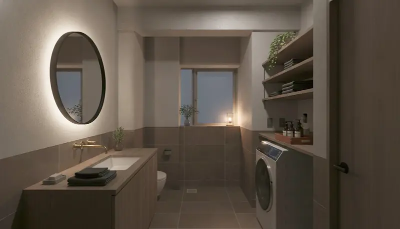 築古マンション(コンパクト)の洗面脱衣室を大人に。濃い木目のカウンターが主役。