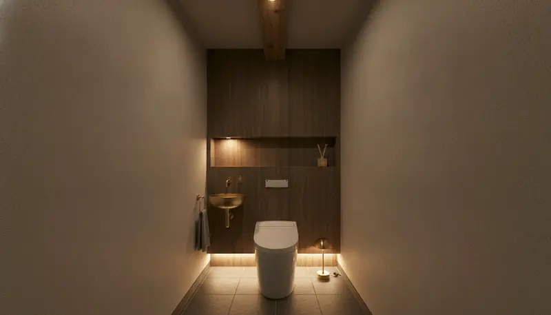 築古マンション(コンパクト)のトイレを大人に。濃い木目の壁一面が主役。