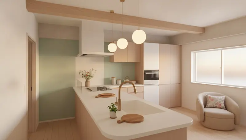 築古マンション(コンパクト)のキッチンをかわいいに。白い塗り壁が主役。