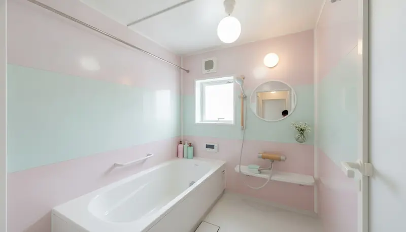 築古マンション(コンパクト)の浴室をかわいいに。淡いピンクやミントの壁パネルが主役。
