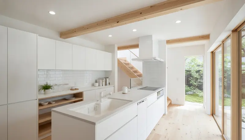 戸建て(広め)のキッチンを清潔感に。白い塗り壁が主役。