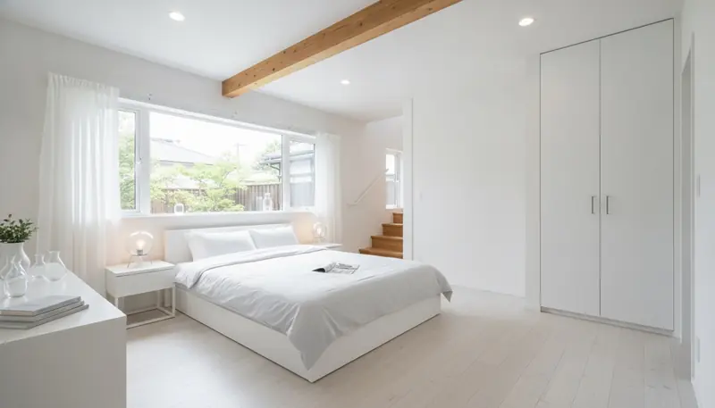 戸建て(広め)の寝室を清潔感に。白い塗り壁が主役。