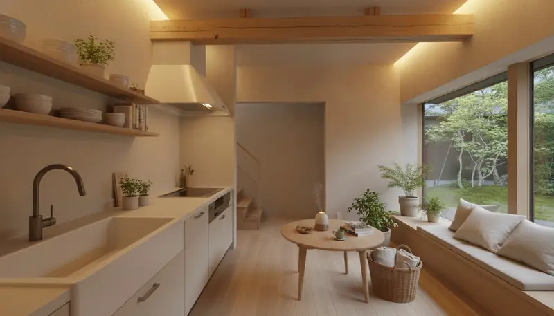 戸建て(広め)のキッチンを癒しに。淡い木の床が主役。