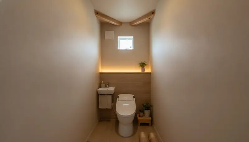 戸建て(広め)のトイレを癒しに。木目の壁一面が主役。