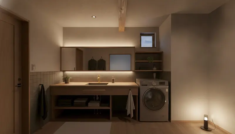 戸建て(広め)の洗面脱衣室を大人に。濃い木目のカウンターが主役。