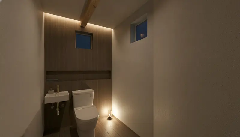 戸建て(広め)のトイレを大人に。濃い木目の壁一面が主役。
