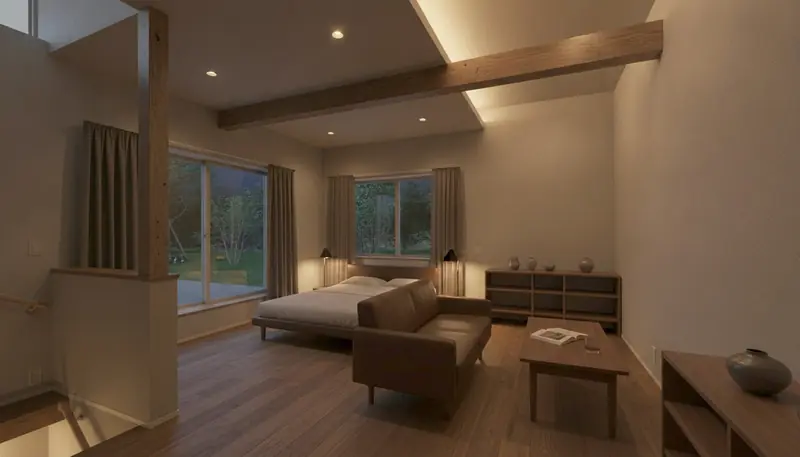 戸建て(広め)の寝室を大人に。濃い木目が主役。