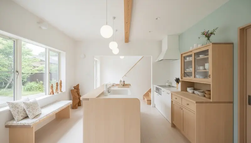 戸建て(広め)のキッチンをかわいいに。白い塗り壁が主役。