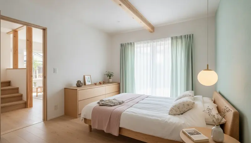 戸建て(広め)の寝室をかわいいに。白い塗り壁が主役。