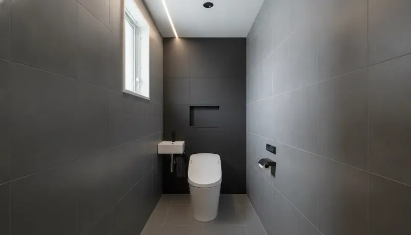 賃貸・コスト重視のトイレをスタイリッシュに。グレーの大判タイルの壁一面が主役。