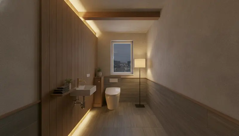 賃貸・コスト重視のトイレを大人に。濃い木目の壁一面が主役。