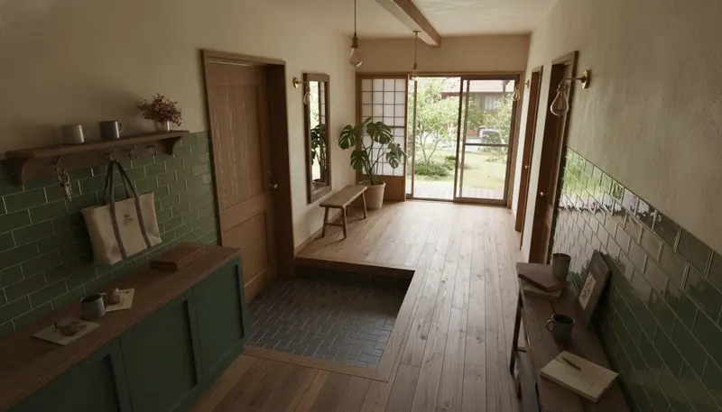 平屋の玄関・廊下をヴィンテージ・カフェ風に。ヘリンボーンやラフな木の床が主役。