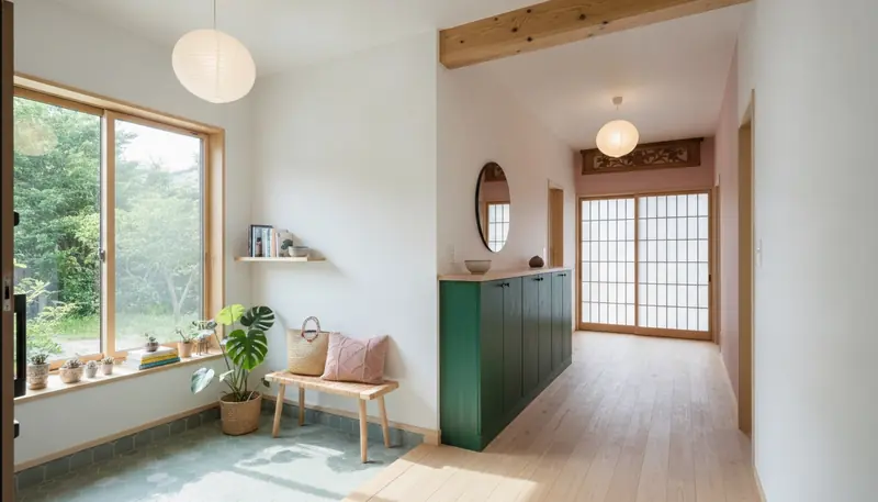 平屋の玄関・廊下をかわいいに。白い塗り壁が主役。