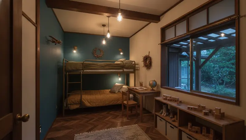 平屋の子ども部屋をヴィンテージ・カフェ風に。ヘリンボーンやラフな木の床が主役。