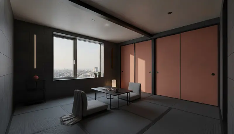 タワーマンションの和室をスタイリッシュに。黒と濃グレーの面材が主役。