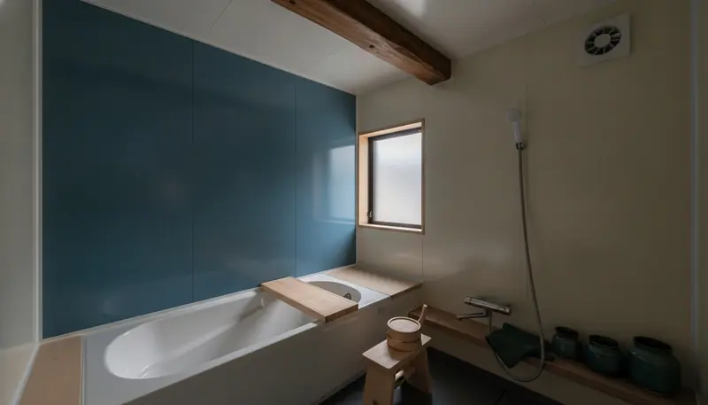 戸建て(広め)の浴室を和モダンに。ネイビーからティールの濃い青緑のアクセントが主役。
