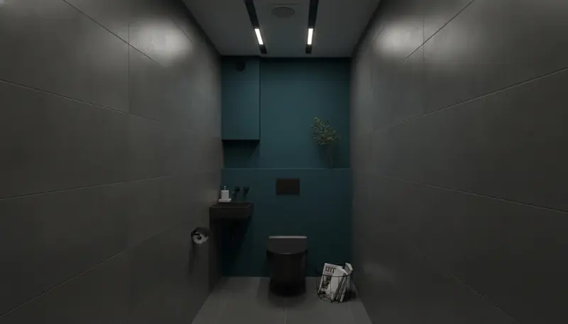 タワーマンションのトイレをスタイリッシュに。ネイビーからティールの濃い青緑のアクセントが主役。
