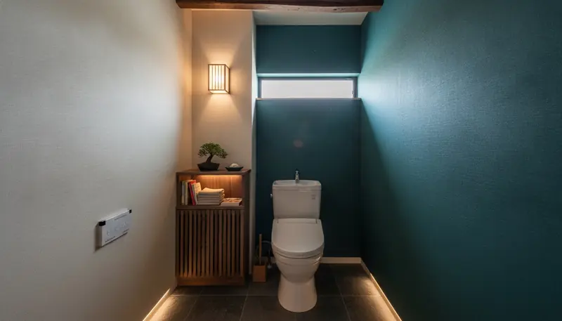 古民家のトイレを和モダンに。ネイビーからティールの濃い青緑のアクセントが主役。