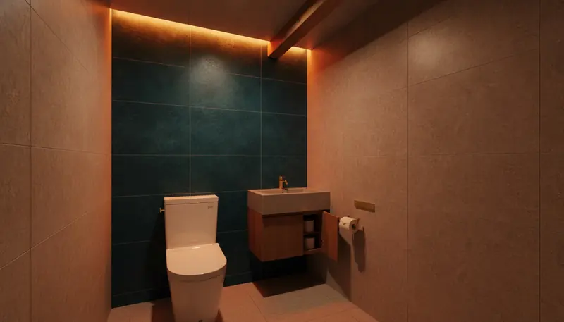 築古マンション(コンパクト)のトイレをホテルライクに。ネイビーからティールの濃い青緑のアクセントが主役。