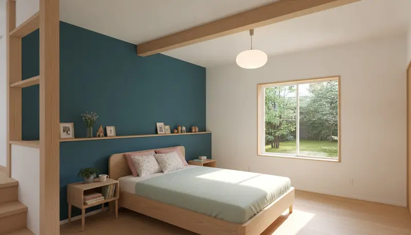 戸建て(広め)の寝室をかわいいに。ネイビーからティールの濃い青緑のアクセントが主役。