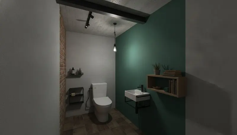 団地のトイレをインダストリアルに。深いグリーンのアクセントが主役。